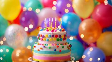 anniversaire fête des ballons, coloré des ballons Contexte et anniversaire gâteau avec bougies. photo