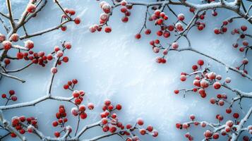 couvert de neige planche Cadre encadré par branches avec rouge baies couvert dans gel. copie espace. photo