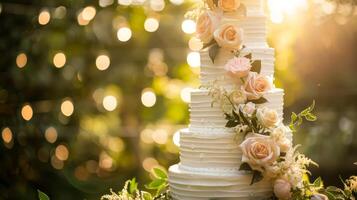 une Soleil allumé, élégant mariage gâteau décoré avec délicat des roses, affiché dans une serein jardin paramètre. photo