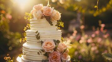 une Soleil allumé, élégant mariage gâteau décoré avec délicat des roses, affiché dans une serein jardin paramètre. photo