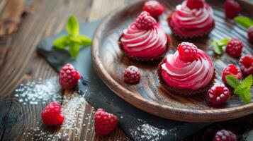 multi coloré sucré nourriture décoration sur bois assiette avec framboise glaçage photo