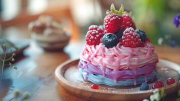 multi coloré sucré nourriture décoration sur bois assiette avec framboise glaçage photo