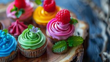 multi coloré sucré nourriture décoration sur bois assiette avec framboise glaçage photo