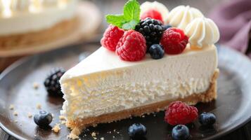 proche en haut de une tranche vanille fromage gâteau humide avec Garniture photo