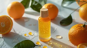 une bouteille de Orange essence corps huile, entouré par des oranges et l'eau gouttelettes sur une blanc Contexte. photo