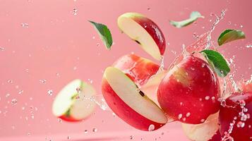 rouge Pomme tranches avec une vert feuille en volant dans le air, l'eau éclaboussures isolé sur une rose Contexte photo