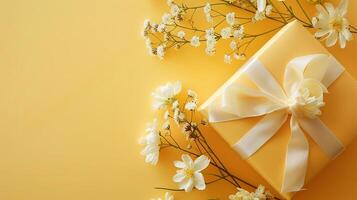 bannière cadre, photo de une pastel Jaune Couleur cadeau avec une blanc ruban avec fleurs sur le pastel Jaune Couleur arrière-plan, mat texture