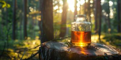 transparent récipient avec ambre liquide dans forêt lumière photo