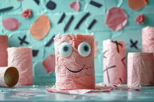 une rose monstre fabriqué en dehors de toilette papier Rouleaux avec une sourire sur ses visage photo