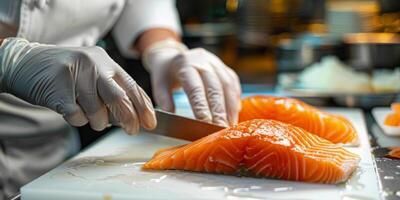 une chef est Coupe une pièce de Saumon sur une Coupe planche photo