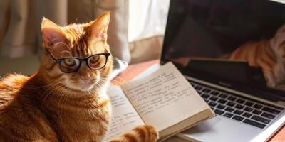 une chat portant des lunettes est séance sur une table suivant à une portable et une livre photo