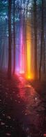 spectre de laser lumières Coupe par brumeux forêt photo