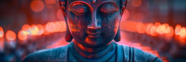 une statue de une Bouddha avec une rouge visage et une bleu corps photo