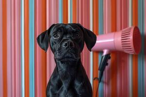 humoristique et élégant noir chien avoir une brushing avec coloré Contexte photo