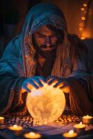 une homme est en portant une cristal Balle et entouré par bougies photo