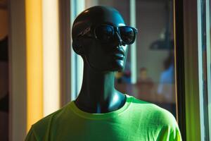 futuriste Masculin mannequin dans néon lumière afficher avec des lunettes de soleil photo