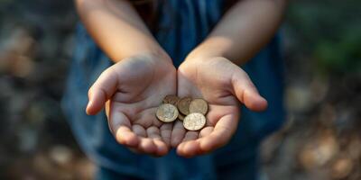 une Jeune fille est en portant quatre or pièces de monnaie dans sa mains photo