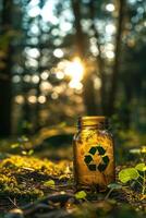 une pot avec une vert recyclage symbole sur il est séance sur le sol dans une forêt photo