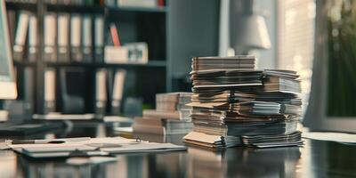 soigneusement empilés pile de des dossiers sur une lisse bureau dans moderne Bureau photo