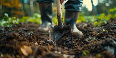 pratique jardinage creusement dans humide sol avec une pelle photo
