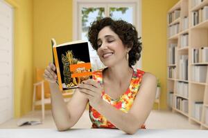 Jeune femme en train de lire et l'écriture à sa bureau photo