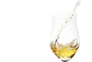blanc du vin étant servi dans une verre sur une blanc Contexte photo