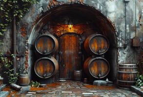 vieux en bois barils dans le du vin cave avec rouge du vin photo