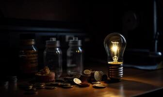 lumière ampoule et pièces de monnaie sur le table photo