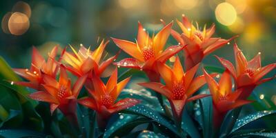 vibrant Orange guzmania fleurs avec Matin rosée gouttes photo