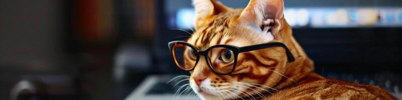 intelligent Bengale chat dans des lunettes sur une ordinateur bureau photo