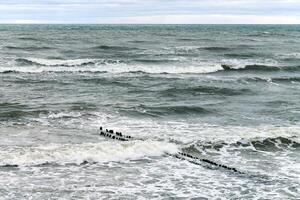 vue sur la mer bleue avec des vagues écumantes et des brise-lames en bois photo