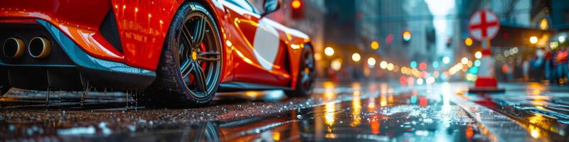 lisse des sports voiture sur pluvieux ville rue à nuit photo