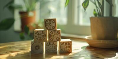 ensoleillé en bois blocs avec cerne de l'arbre motifs dans une chaleureux atmosphère photo