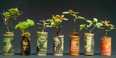 investissement croissance concept avec les plantes dans devise pot photo