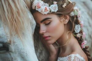 éthéré la mariée embrassement cheval avec floral couronne dans la nature photo