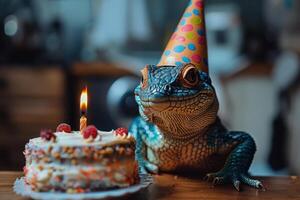 coloré iguane dans fête chapeau célébrer avec anniversaire gâteau photo