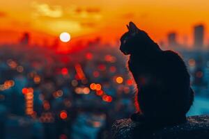 silhouette noir chat regarder à Urbain le coucher du soleil photo