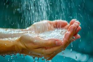 contagieux gouttes de pluie dans mains avec éclabousser l'eau photo