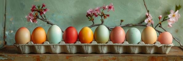 Pâques palette une spectre de teint des œufs et printemps fleurs photo