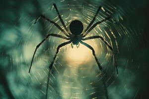 sinistre araignée silhouette sur une la toile contre une mystique lumière photo