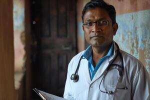 sérieux portrait de un Indien médecin à le sien Bureau photo