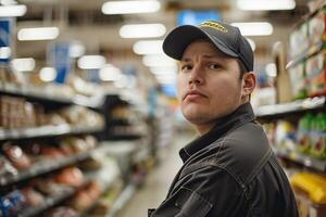 portrait de une général ouvrier à supermarché rayon photo