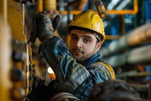 portrait de une ouvrier à pétrole et gaz raffinerie photo