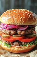 gourmet méga Burger. une le banquet de les saveurs empilés haute photo