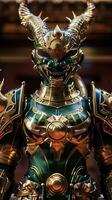 majestueux guerrier. une détaillé sculpture de un blindé samouraï dans d'or vert armure photo