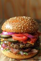 gourmet plaisir. une juteux Burger empilés avec frais, coloré Ingrédients photo