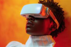 futuriste vision. une la personne portant moderne virtuel réalité casque photo