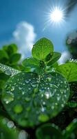 gorgés de soleil rosée gouttes sur émeraude vert feuilles photo