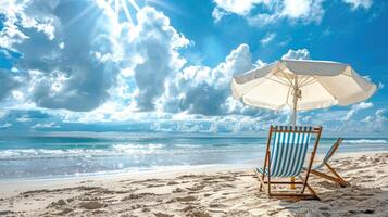 paisible été scène, Voyage concept. photo de plage avec bleu ciel et blanc des nuages, sablonneux rive, salon chaise en dessous de rayé parapluie. illustration.