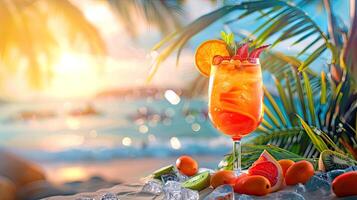 vibrant été vibe affiche. Orange cocktail avec la glace et Orange tranche sur tropical plage Contexte. photo